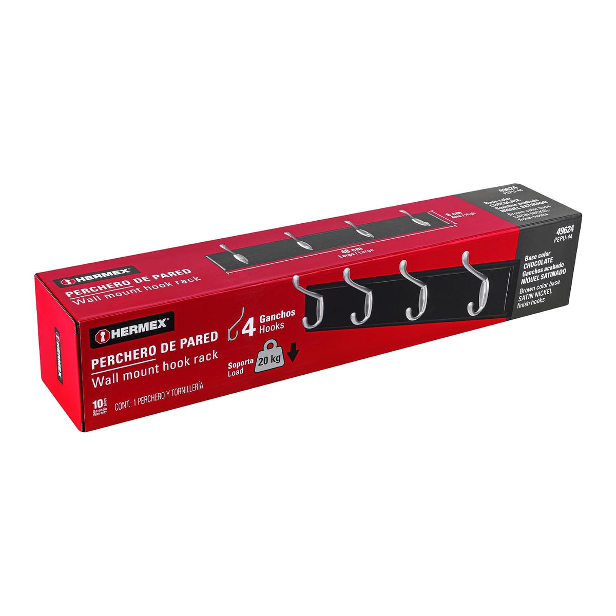 Hermex PEPU-44, Perchero para pared con 4 ganchos satinados