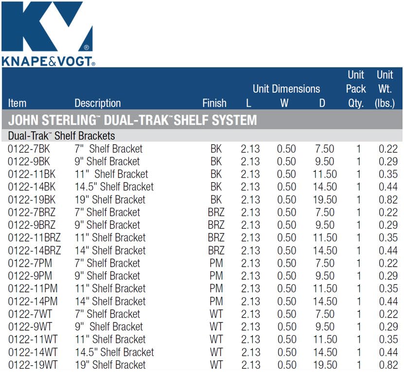 Knape & Vogt John Sterling Dual Trak - Soporte Ajustable para Estante de Madera, 14 Pulgadas, Platino, 0122-14 PM, 14 Pulgadas