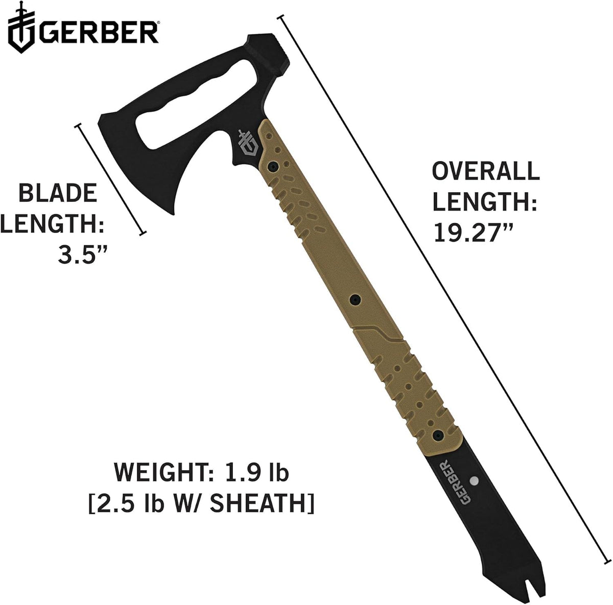Gerber Gear 30-000715N Tomahawk táctico de Rango descendente, Hacha de Cabeza de Martillo Multiherramienta y Barra Prybar, Funda incluida, café/Negro