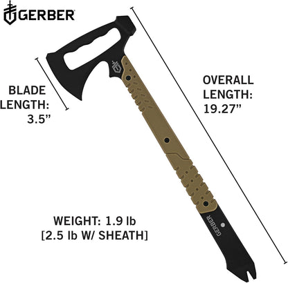 Gerber Gear 30-000715N Tomahawk táctico de Rango descendente, Hacha de Cabeza de Martillo Multiherramienta y Barra Prybar, Funda incluida, café/Negro