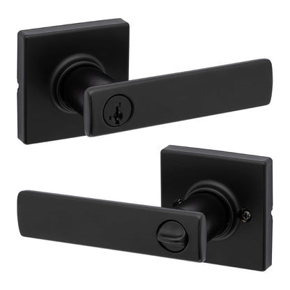Kwikset - Manija de puerta de entrada Breton con cerradura y llave, palanca reversible con llave segura, para entrada frontal y dormitorios, negro mate, resistente a la púa Smartkey Rekey Security y