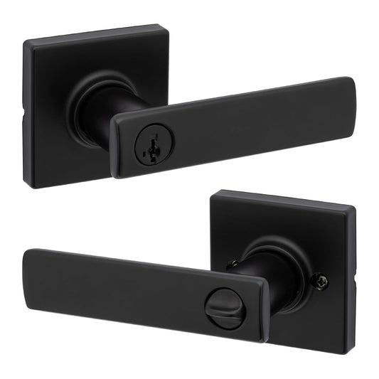 Kwikset - Manija de puerta de entrada Breton con cerradura y llave, palanca reversible con llave segura, para entrada frontal y dormitorios, negro mate, resistente a la púa Smartkey Rekey Security y