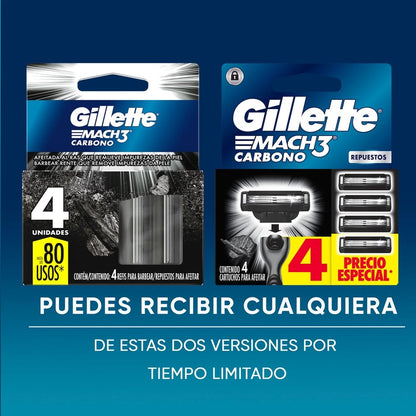 Gillette Mach3 Carbono, Cartucho De Rastrillo Para Afeitar, 4 Repuestos Con Carbón Activado Y 3 Hojas Para Rasurar La Barba, Rastrillo Para Hombre Caja