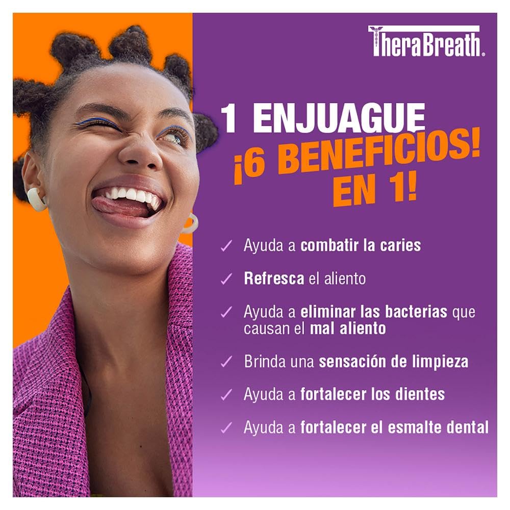 TheraBreath Enjuague Bucal Complete 6 en 1, Menta Revitalizante 473 ml. | Ayuda a Combatir las Caries y el Mal Aliento, Fortalecer los Dientes y el Esmalte. Sin Ardor ni Colorantes. Sin alcohol.