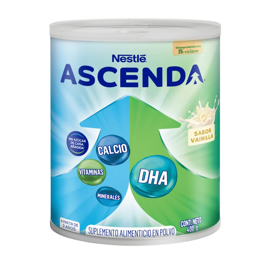 Suplemento Alimenticio ASCENDA Infantil Sabor Vainilla con Nutrientes Vitaminas Minerales Calcio Proteína DHA Sin Azúcar Polvo, A Partir de 3 Años, Lata de 400g