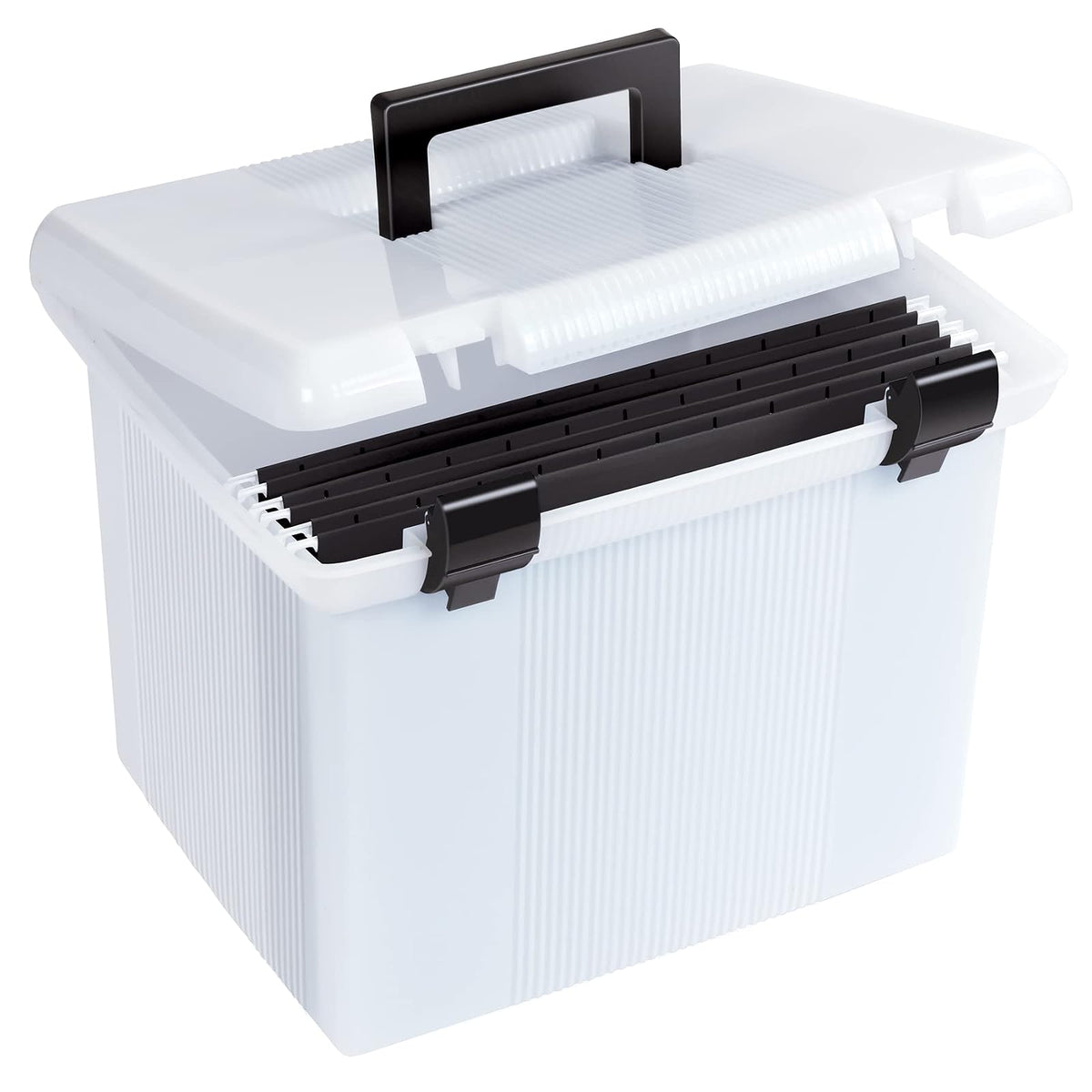 Pendaflex - Caja de archivo portátil, color blanco esmerilado, tapa con bisagras con cierre de doble cierre (41745AMZ)