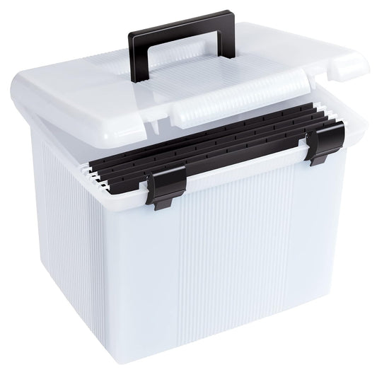 Pendaflex - Caja de archivo portátil, color blanco esmerilado, tapa con bisagras con cierre de doble cierre (41745AMZ)