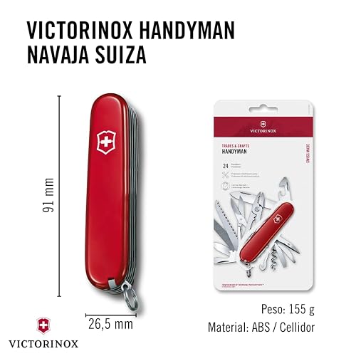 Victorinox Navaja Handyman, Roja, 24 Usos | Cuchillo de bolsillo para bricolaje y exterior con alicates, sierra para madera y metal, tijeras y cincel. Fabricado en Suiza