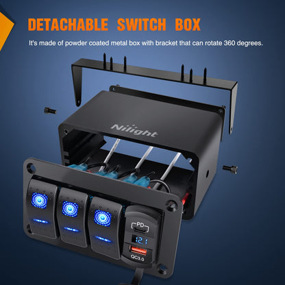 Nilight Caja de 3 Interruptores Basculantes SPST 12 V con USB Tipo C, QC 3.0 y Voltímetro, Impermeable, para Barco y Auto