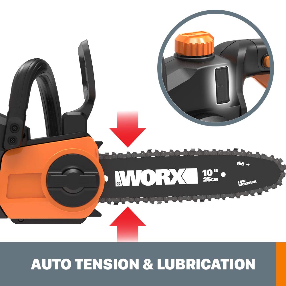 Worx WG323 20 V Power Share - Poste/sierra de cadena inalámbrica de 10 pulgadas con tensión automática (batería y cargador incluidos)