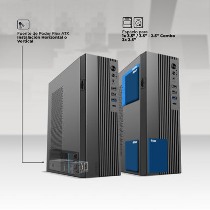 AC-943086 Gabinete Mini Torre Slim Onex GS450/Max MB Micro ATX/Fuente Flex 400 W/8 L/2x USB 2.0 + 1 USB 3.0 + 1x USB Tipo C 3.0 + 1 Mic + 1x Audio/Lector de tarjetas SD/Full Metalico/Elite Negro
