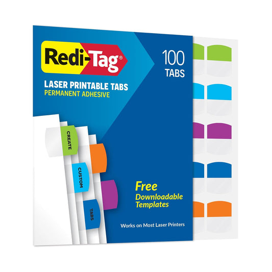 Redi-Tag 1006788) Pestañas imprimibles con láser, pestañas de índice permanente, etiquetas adhesivas personalizables, colores tropicales surtidos, 1.15 x 1.25 pulgadas, 100 por paquete