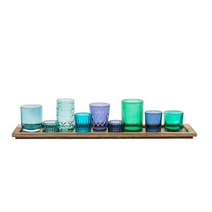 Creative Co-Op Bandeja de Madera con 9 Soportes votivos de Vidrio Azul y Verde
