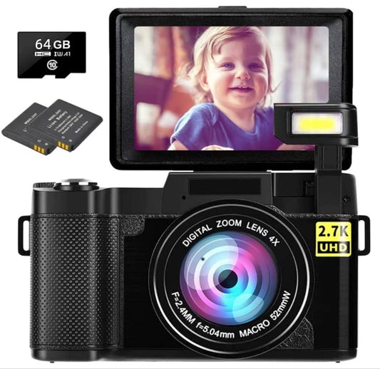 Zimcti Cámara de Video cá Mara Digital 30 Millones Full HD 2.7K con Pantalla Flip HD R2S(está ndar + Lente Gran Angular + Tarjeta de 64GB + batería)