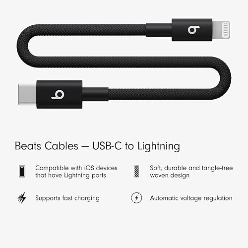 Beats Cable corto trenzado de USB-C a Lightning, carga rápida para iPhone y iPad, diseño resistente que no se enreda, compatible con dispositivos Apple con entrada Lightning (20 cm) — Negro eléctrico