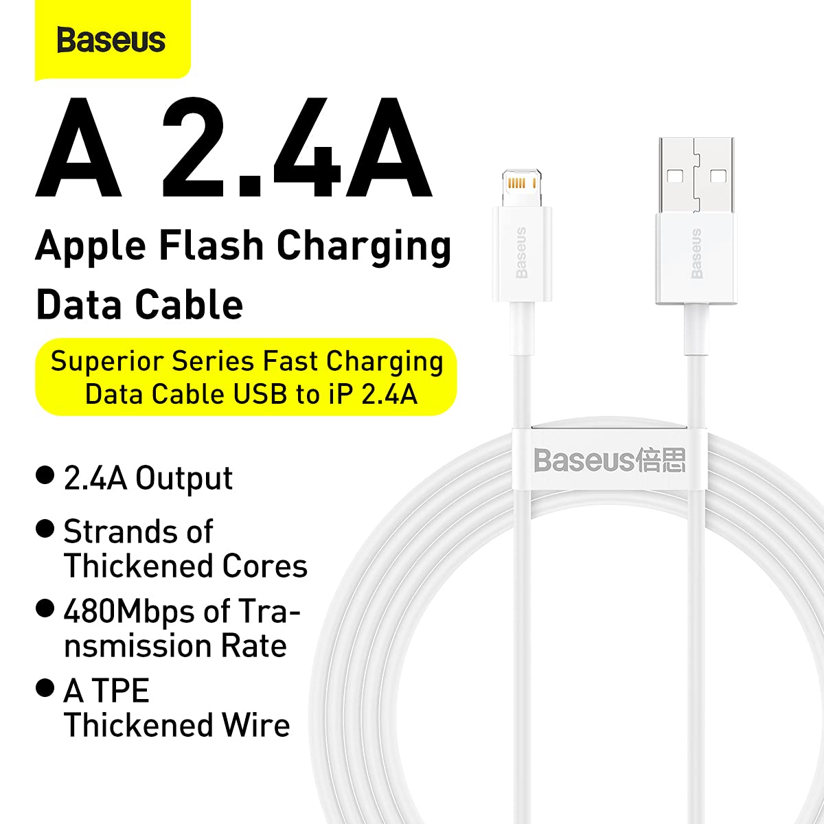 Baseus - Cable de datos de carga rápida serie superior USB a IP 2.4A 1m (A0002119)