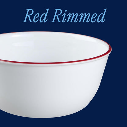 Corelle Vitrelle - Juego de 6 cuencos de vidrio, para sopa de cereales y postres, resistente a las virutas y ligero, juego de vajilla de tazón con banda roja de 28 onzas