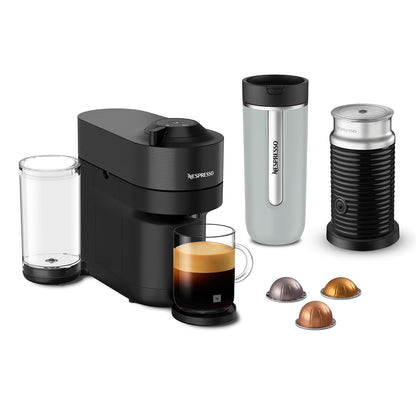 Nespresso Cafetera Vertuo Pop Negra con Espumador y 12 Cápsulas de Regalo - Vertuo Pop + Aeroccino 3 + Termo Smokey Blue - Negro