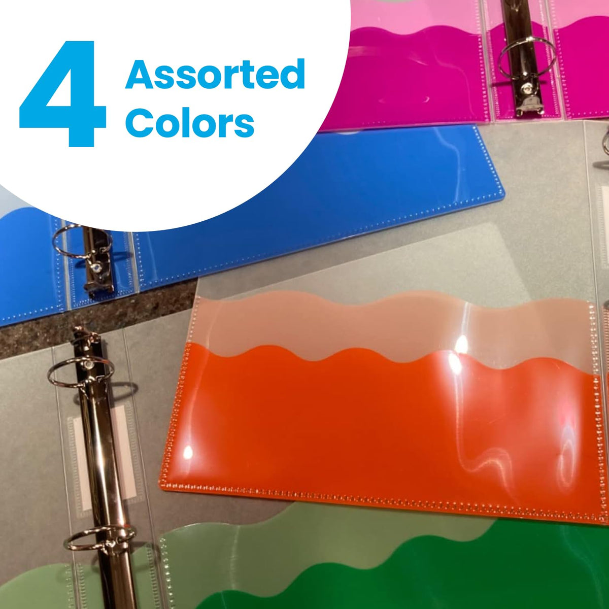 Carpetas Oxford Wave para escuela y oficina, poliéster flexible fuerte, 4 bolsillos ondulados, 4 colores surtidos, fundas translúcidas, capacidad para hasta 350 hojas, carpeta de 1.5 pulgadas, paquete