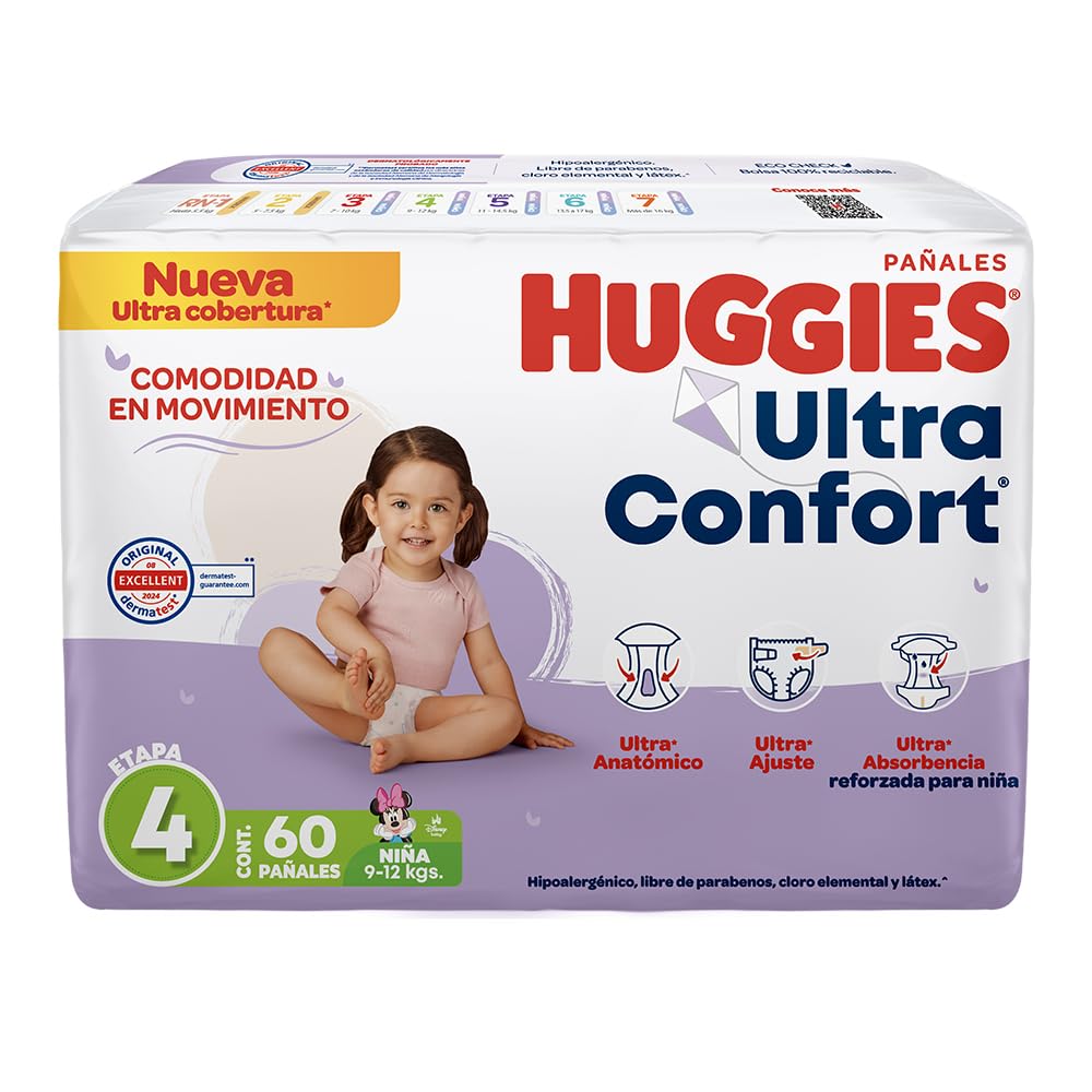 HUGGIES UltraConfort Pañal Desechable para Bebé, Etapa 4, Niña, Caja con 180 Piezas, Ideal para Bebés de 9 a 12 kg