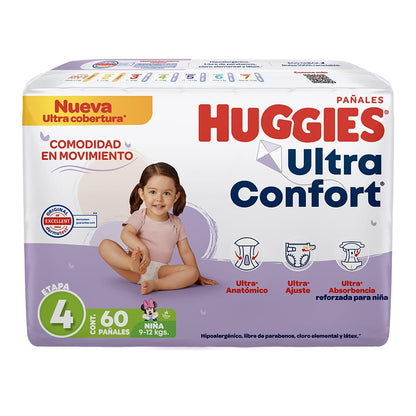 HUGGIES UltraConfort Pañal Desechable para Bebé, Etapa 4, Niña, Caja con 180 Piezas, Ideal para Bebés de 9 a 12 kg