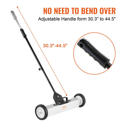 VEVOR Barredora magnética rodante de 50 libras con ruedas, barredora de recogida magnética tipo empuje, barredora de césped con recogida magnética grande de 24 pulgadas