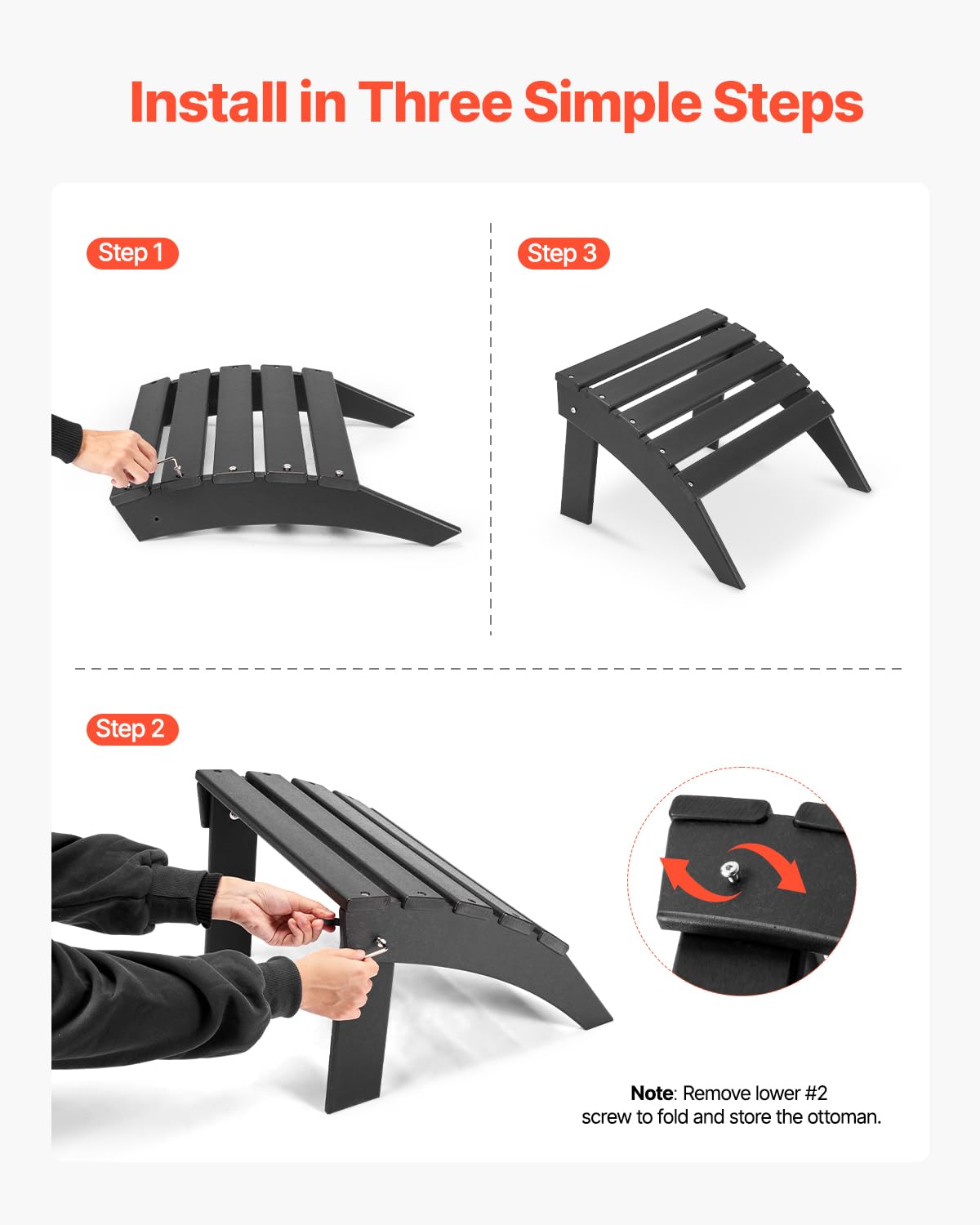 VEVOR Reposapiés Adirondack Plegable de Plástico HDPE de 475 x 500 x 330 mm, Reposapiés Adirondack Resistente a la Intemperie para Silla Adirondack para Porches Exteriores, Césped, Patios, Negro