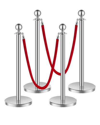VEVOR 4 PCS Poste de Estaca de Acero Inoxidable de 1,5 m con Base Hueca de Inyección de Arena y 2 Cuerdas de Terciopelo Rojo, Barreras de Control de Multitudes para Teatro, Fiesta, Boda, Plateado
