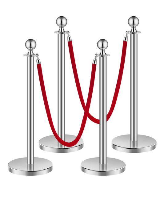 VEVOR 4 PCS Poste de Estaca de Acero Inoxidable de 1,5 m con Base Hueca de Inyección de Arena y 2 Cuerdas de Terciopelo Rojo, Barreras de Control de Multitudes para Teatro, Fiesta, Boda, Plateado