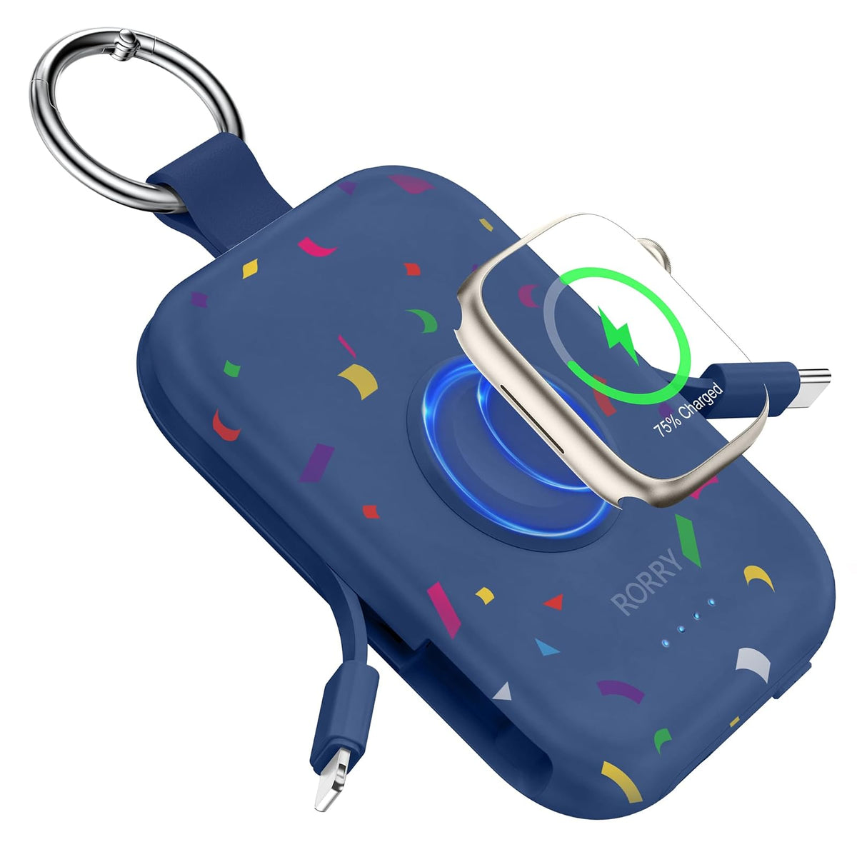 RORRY Power Bank 5000mAh con Cables Integrados, 3 en 1 - Confetti-Azul Marino