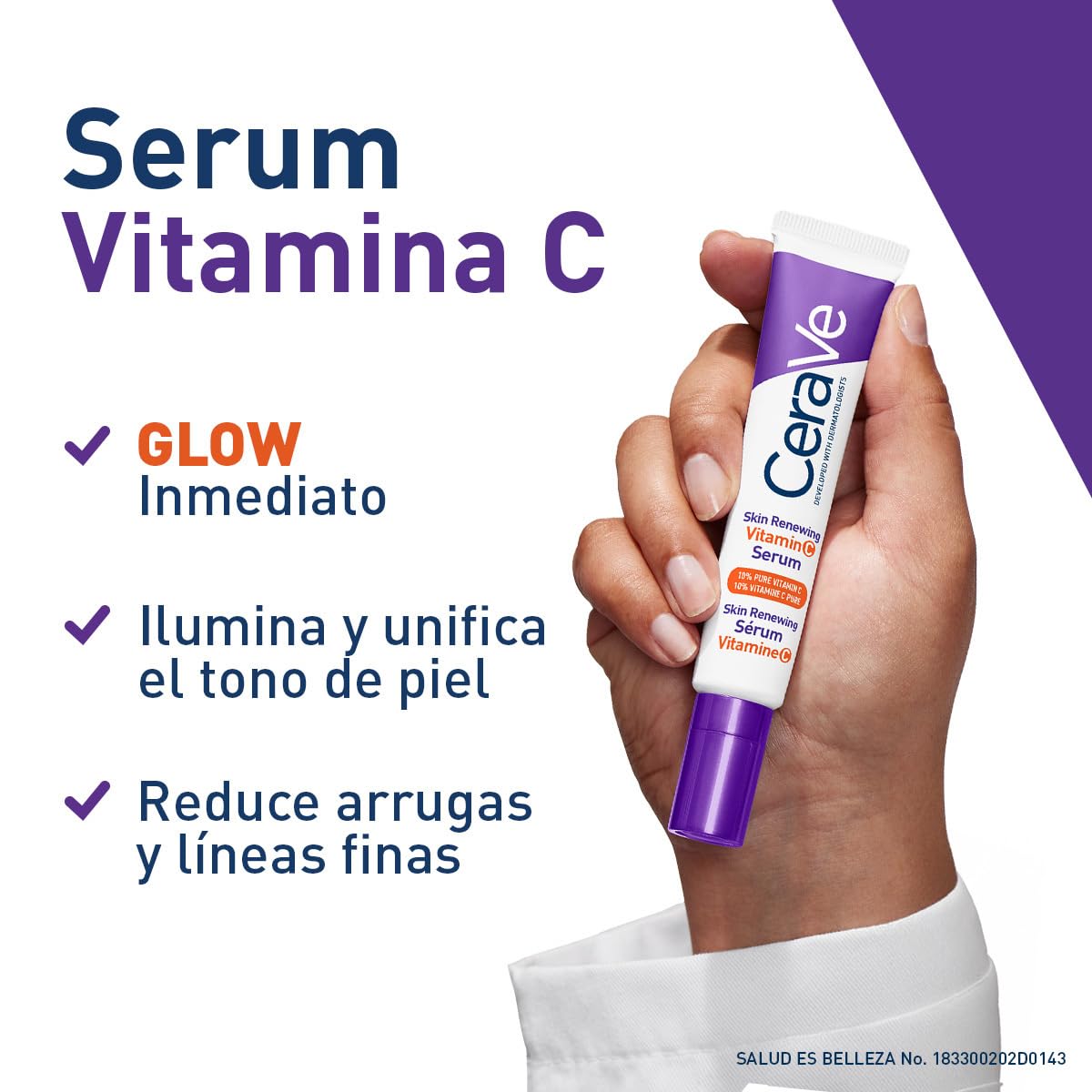CeraVe Skin Renewing Vitamina C Sérum Facial, Todo Tipo de Piel, 30 ml | Con 3 Ceramidas Esenciales y Ácido Hialurónico, ilumina la piel, unifica el tono y reduce la apariencia de líneas finas