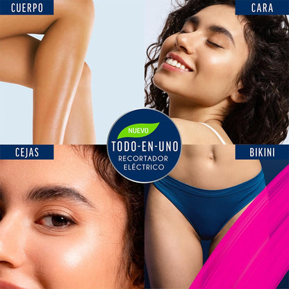 Veet® Expert Recortador Eléctrico todo en uno para mujer | Recortador de vello eléctrico para zona de bikini, cara y cejas | Recargable con carga USB y accesorios | 100% resistente al agua