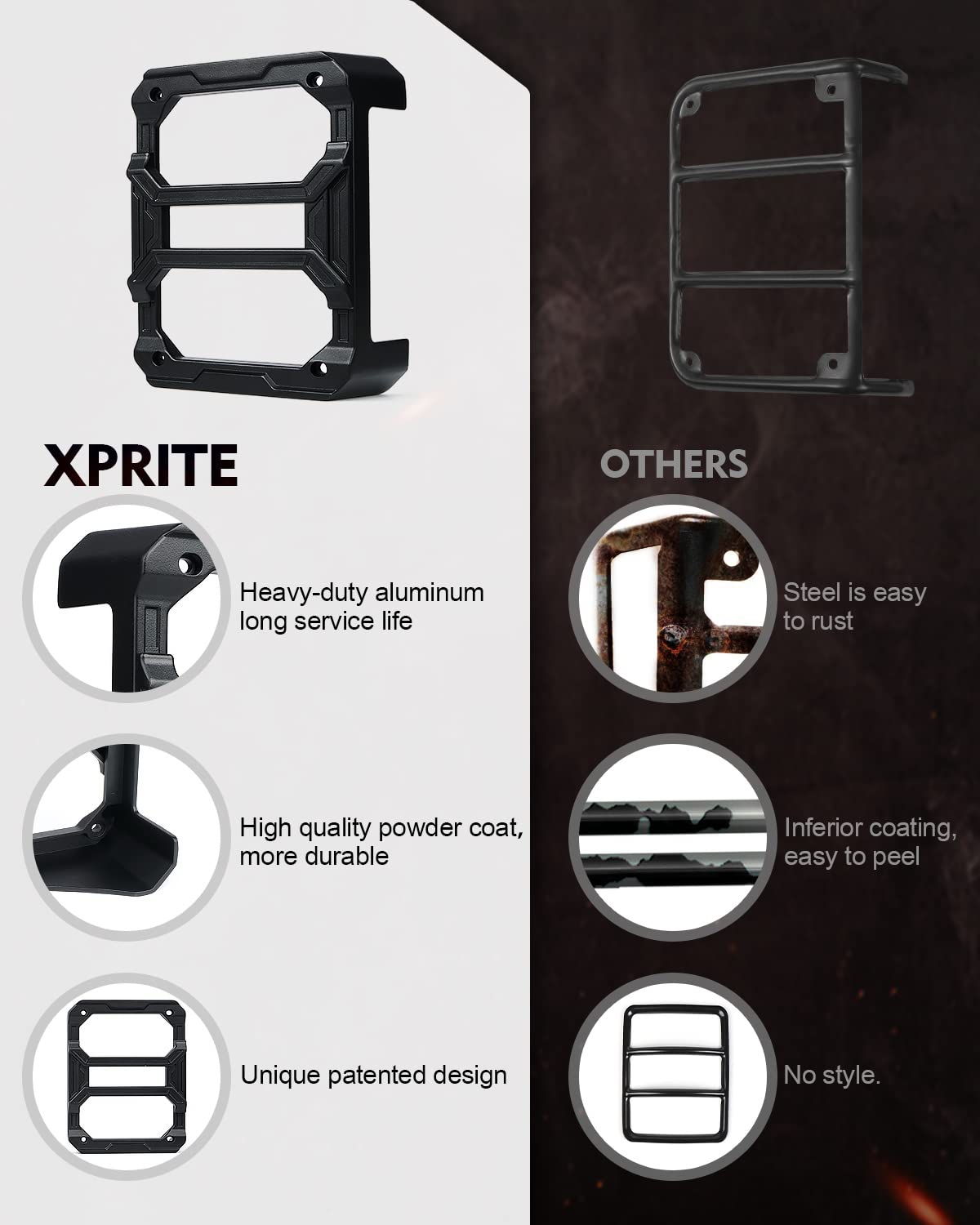 Xprite - Protectores de luz Trasera con diseño de Varillas deslizables, Cubiertas de luz Trasera autopatentadas compatibles con Jeep Wrangler JK JKU 2007-2018, par