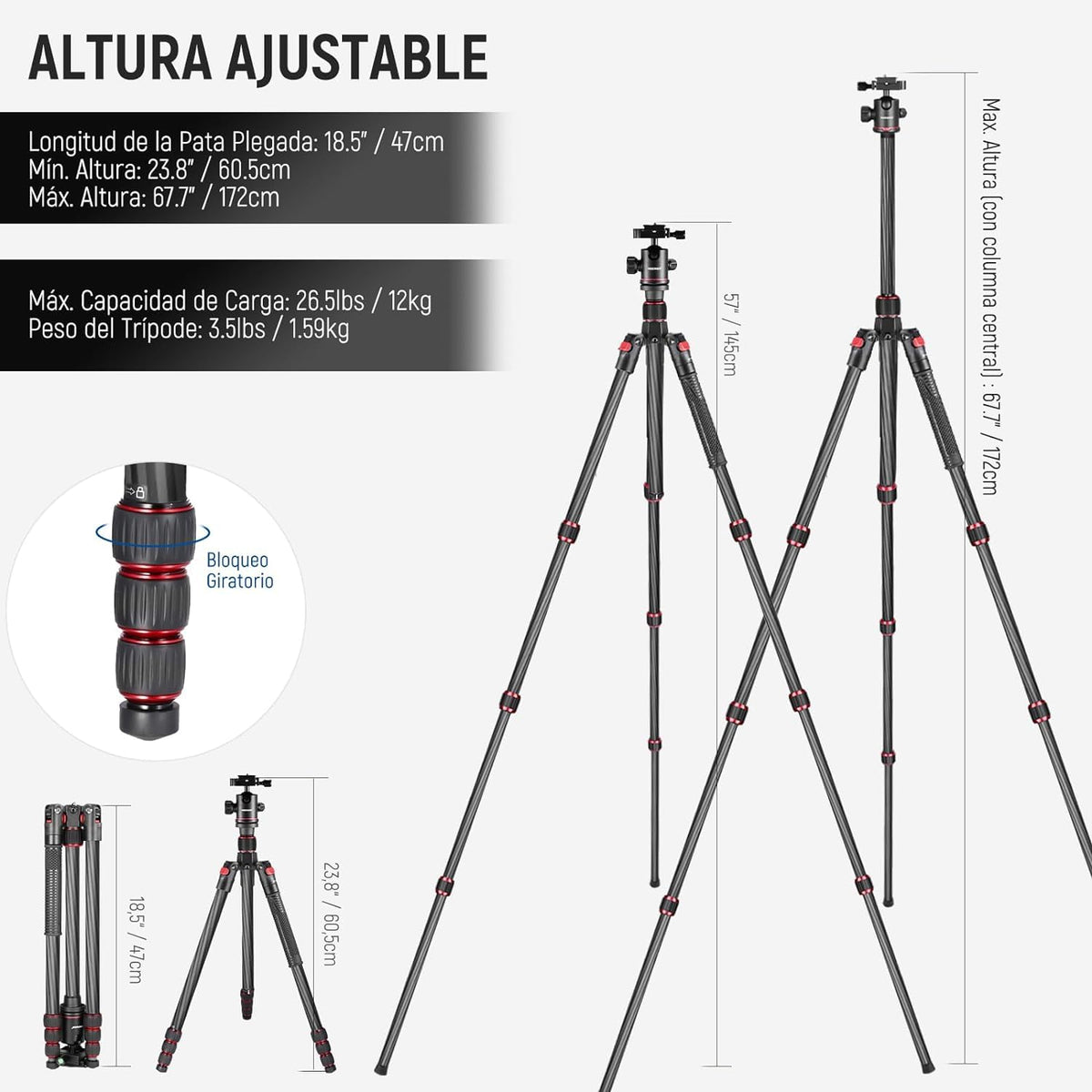 NEEWER 66"/168cm Fibra de Carbono Tripode para Camara con 360° Rotula, N55C | Panorama, 1/4" Arca Placa QR, Portatil Bolsa, Compacto Viaje Tripode Monopod para DSLR Video Camcorder