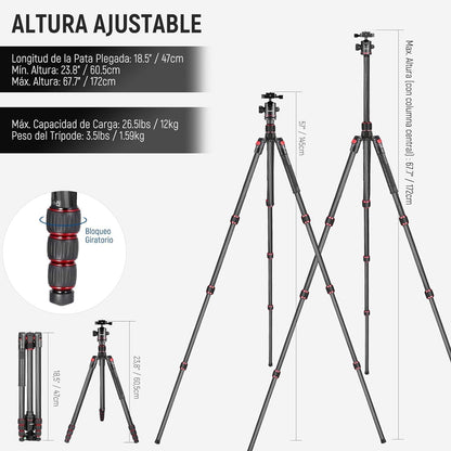 NEEWER 66"/168cm Fibra de Carbono Tripode para Camara con 360° Rotula, N55C | Panorama, 1/4" Arca Placa QR, Portatil Bolsa, Compacto Viaje Tripode Monopod para DSLR Video Camcorder