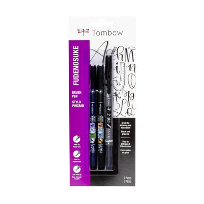 Tombow 62038 Fudenosuke Bolígrafo de pincel, paquete de 2 Punta suave y dura, Negro, Paquete de 3, 1, 3