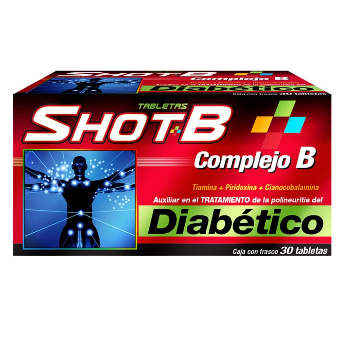 SHOT B Complejo B, Auxiliar en el tratamiento de la polineuritis del diabético, Caja con 30 tabletas