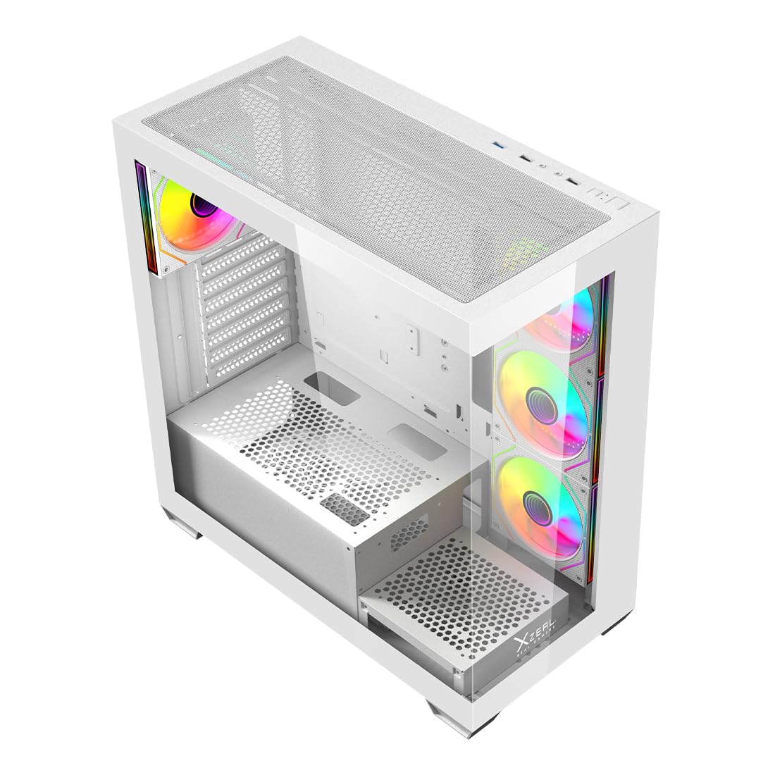 Gabinete Gamer Mid Tower Xzeal ATX Panel Der. Vidrio + Metal 2xUSB1.0 + 1xUSD3.0 + 3.5 mm + 4 ARGB Fans + 1 HUB Blanco