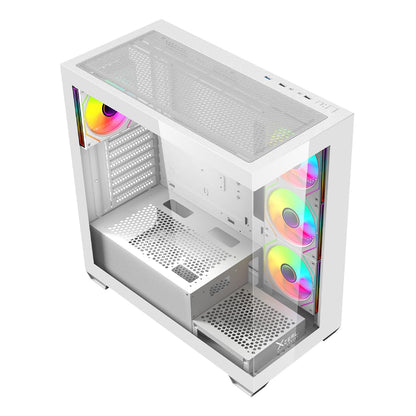 Gabinete Gamer Mid Tower Xzeal ATX Panel Der. Vidrio + Metal 2xUSB1.0 + 1xUSD3.0 + 3.5 mm + 4 ARGB Fans + 1 HUB Blanco