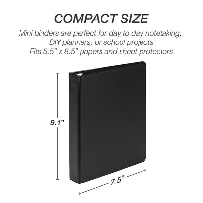 Samsill Economy - Mini carpeta de 3 anillas, fabricada en los Estados Unidos, carpeta de anillos redondos de 1 pulgada, capacidad para 100 hojas, negro, paquete de 6 (MP32300)