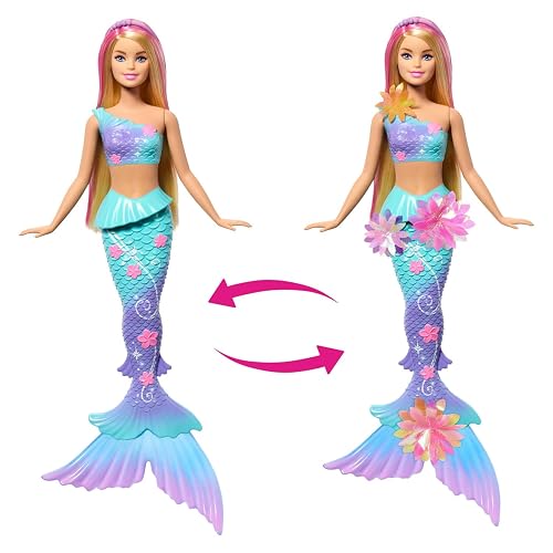 Barbie Fantasía Muñeca Sirena con Transformación de Flores y Cabello Rosa, Juguete para Niñas de 3 Años en Adelante