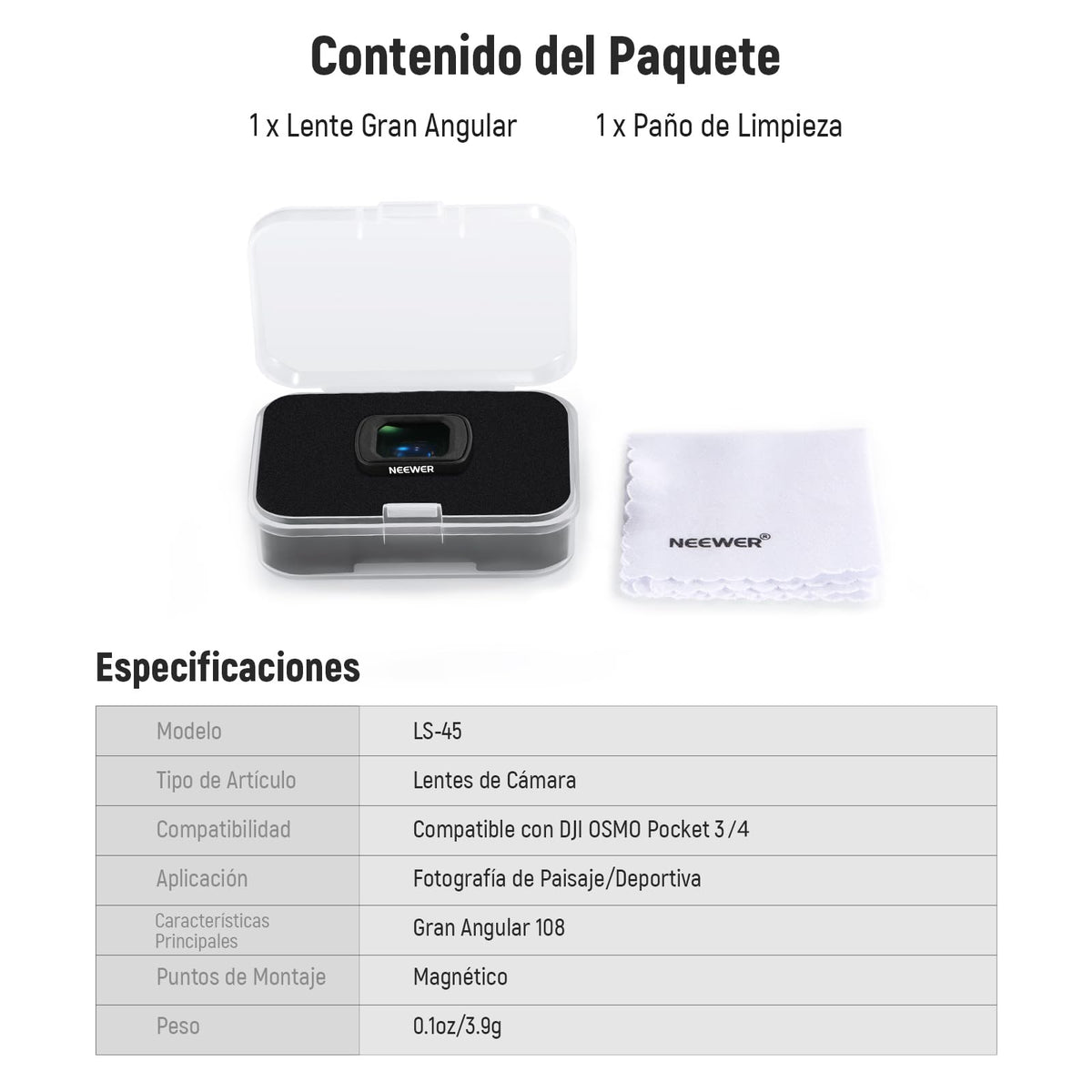 NEEWER Lente Gran Angular de 0.75X Compatible con dji OSMO Pocket 3, Campo de visión ampliado de 108°, Objetivo de cámara asférica recubierta magnética, Accesorios Action CAM, LS-45
