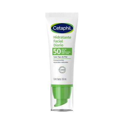 Cetaphil Hidratante Facial Diario FPS 50 Piel Sensible Mixta Grasa 50 ml | Hidrata hasta 8 h, protege contra rayos UVA/UVB y ayuda a prevenir daño por radicales libres con vitamina E y glicerina.