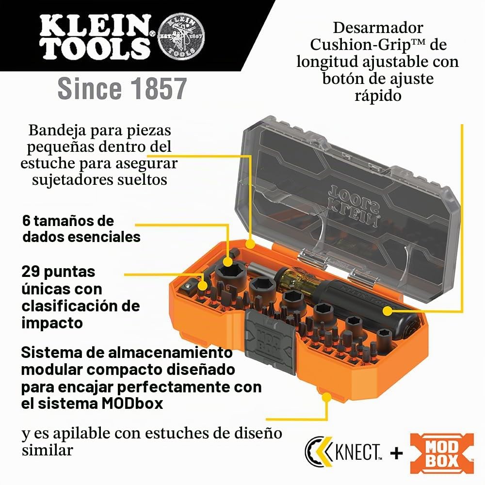 Klein Tools 33805 ProFlex Juego de herramientas de destornillador de impacto SAE de 38 piezas con carcasa modular, acero S2, destornillador magnético, ajustable, 29 bits, 6 tamaños de enchufe SAE