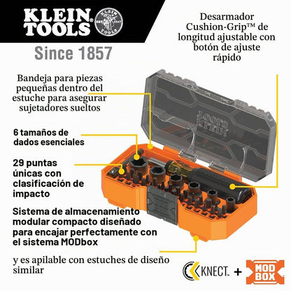 Klein Tools 33805 ProFlex Juego de herramientas de destornillador de impacto SAE de 38 piezas con carcasa modular, acero S2, destornillador magnético, ajustable, 29 bits, 6 tamaños de enchufe SAE