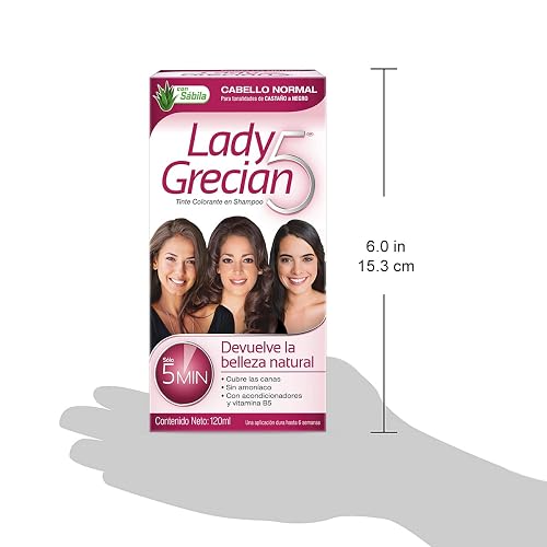 Grecian, Lady Grecian 5, Tinte Colorante en Shampoo, Cubre las Canas, Sin Amoniaco, Para Cabello Normal, Castaño a Negro, 120 ml