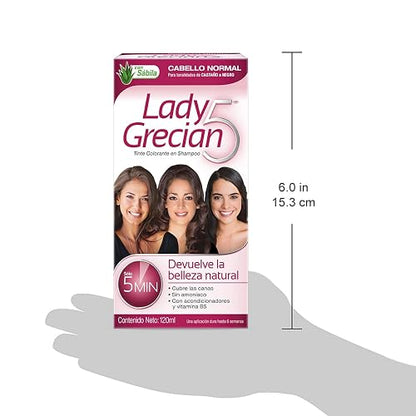 Grecian, Lady Grecian 5, Tinte Colorante en Shampoo, Cubre las Canas, Sin Amoniaco, Para Cabello Normal, Castaño a Negro, 120 ml