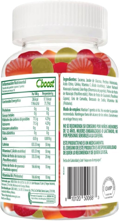 Cboost - Gomitas Cafeína 50mg, Vitamina C y B6, Maracuyá y Guaraná, 90 Pzs | Colores y sabores naturales, extra de energía, para adultos, 1 al día, certificación GMP