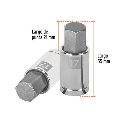 Truper D-1241-17M, Dados de punta hexagonal, cuadro 1/2" de 17mm.