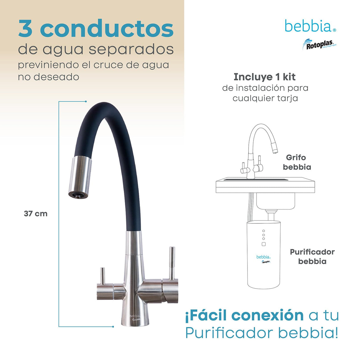 ROTOPLAS BEBBIA GRIFO PARA COCINA BEBBIA 3 VÍAS PARA AGUA PURIFICADA (SEMIFLEXIBLE)